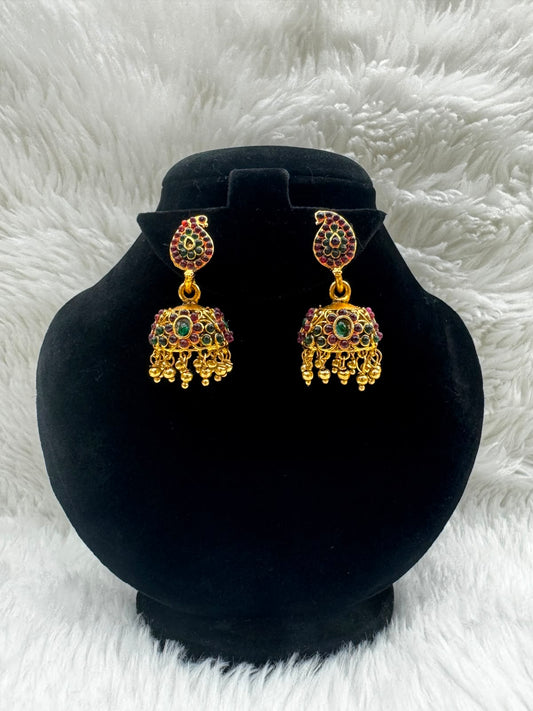 Antique Gold plated kemp Jhumka Earrings with ruby and Emerald Stones Jewelry -7228
