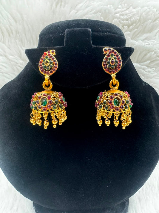 Antique Gold plated kemp Jhumka Earrings with ruby and Emerald Stones Jewelry -7228