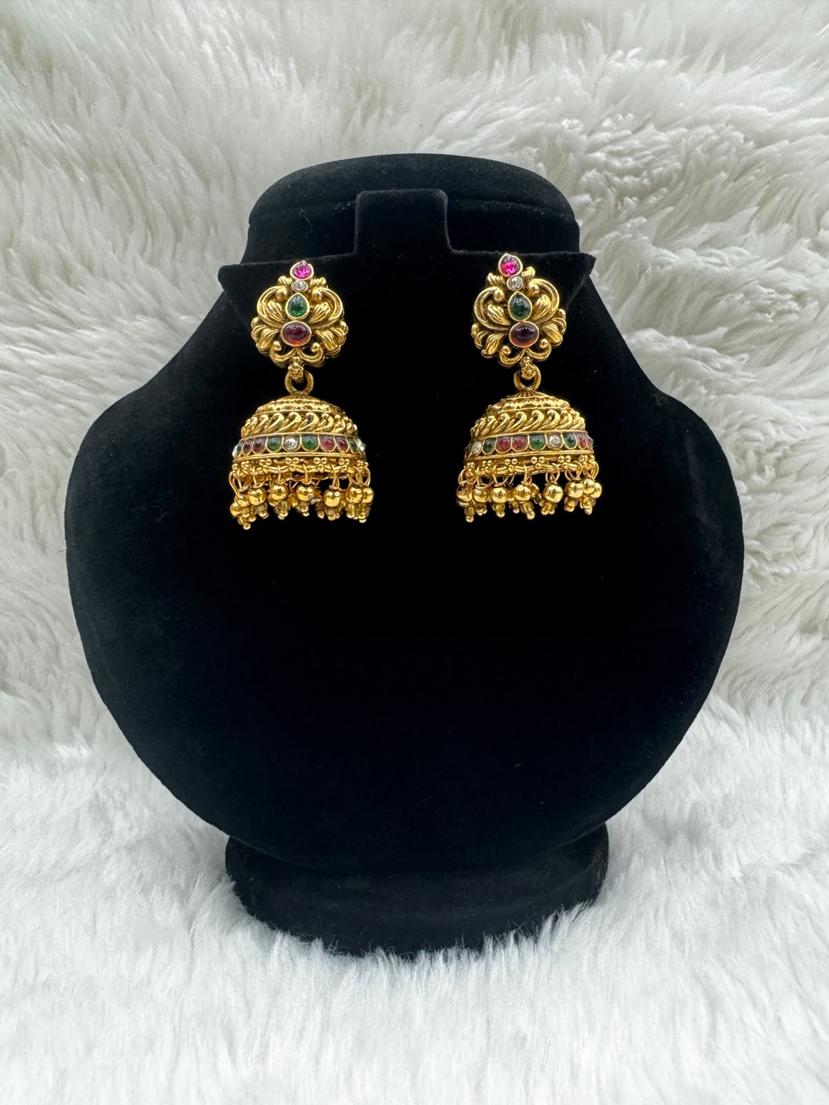 Antique Gold Plated Navaratna Jhumka Earrings with Ruby ang Emeral -7202