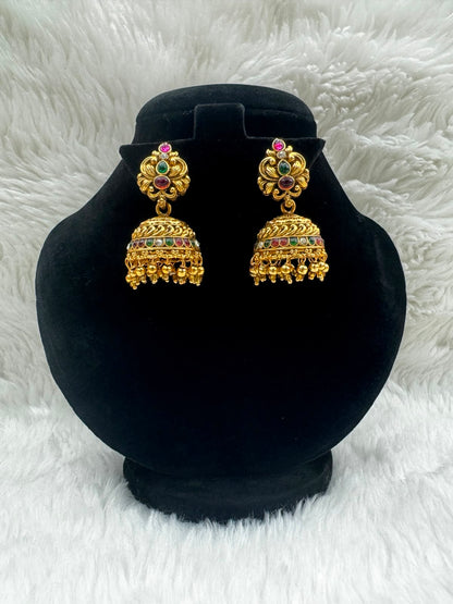 Antique Gold Plated Navaratna Jhumka Earrings with Ruby ang Emeral -7202
