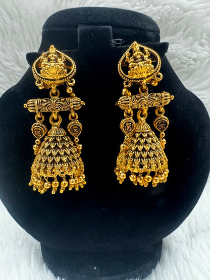 Antique-gold finish and kemp stone Jhumka set -7227