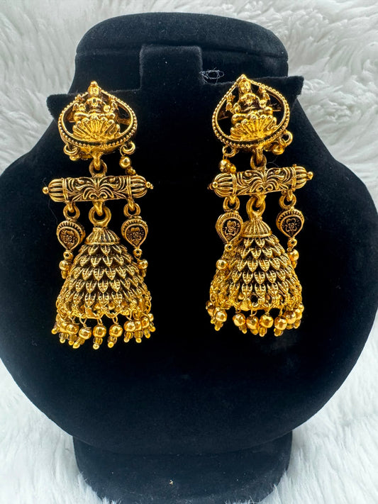 Antique-gold finish and kemp stone Jhumka set -7227