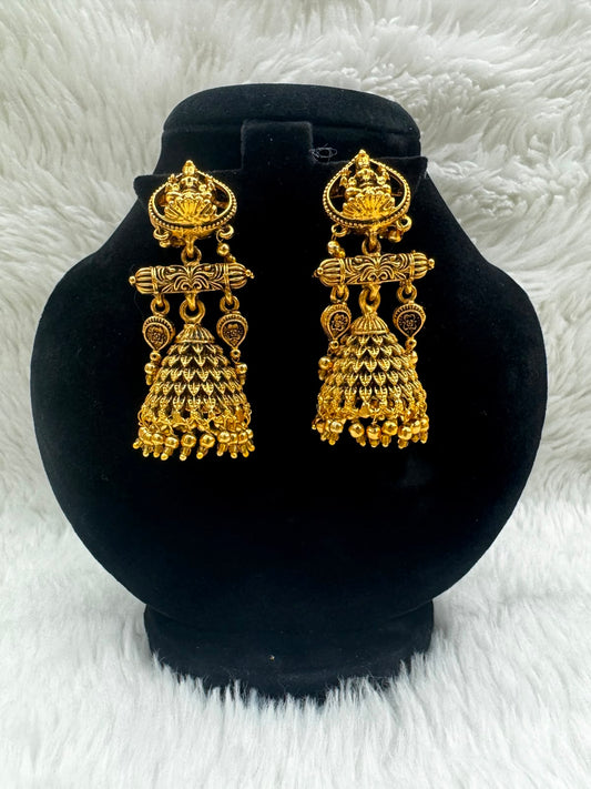 Antique-gold finish and kemp stone Jhumka set -7227
