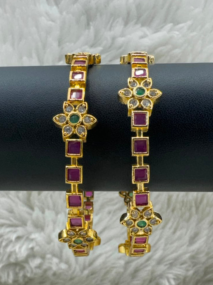 Elegant Gold-Tone Ruby & Emerald Floral Bangles -6960