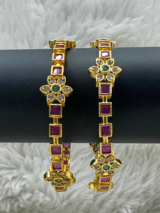 Elegant Gold-Tone Ruby & Emerald Floral Bangles -6960