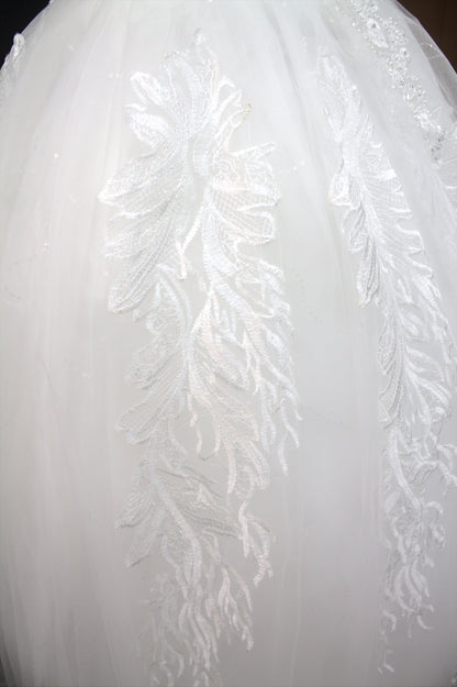 "Celestial Elegance Off-Shoulder Ball Gown with Beaded Fringe White Gown" Product code-2089