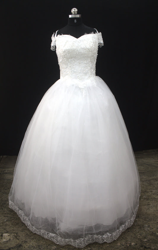"Enchanted Blossom Off-Shoulder Ball Gown with Lace Appliqué-White Gown" Product code-2021