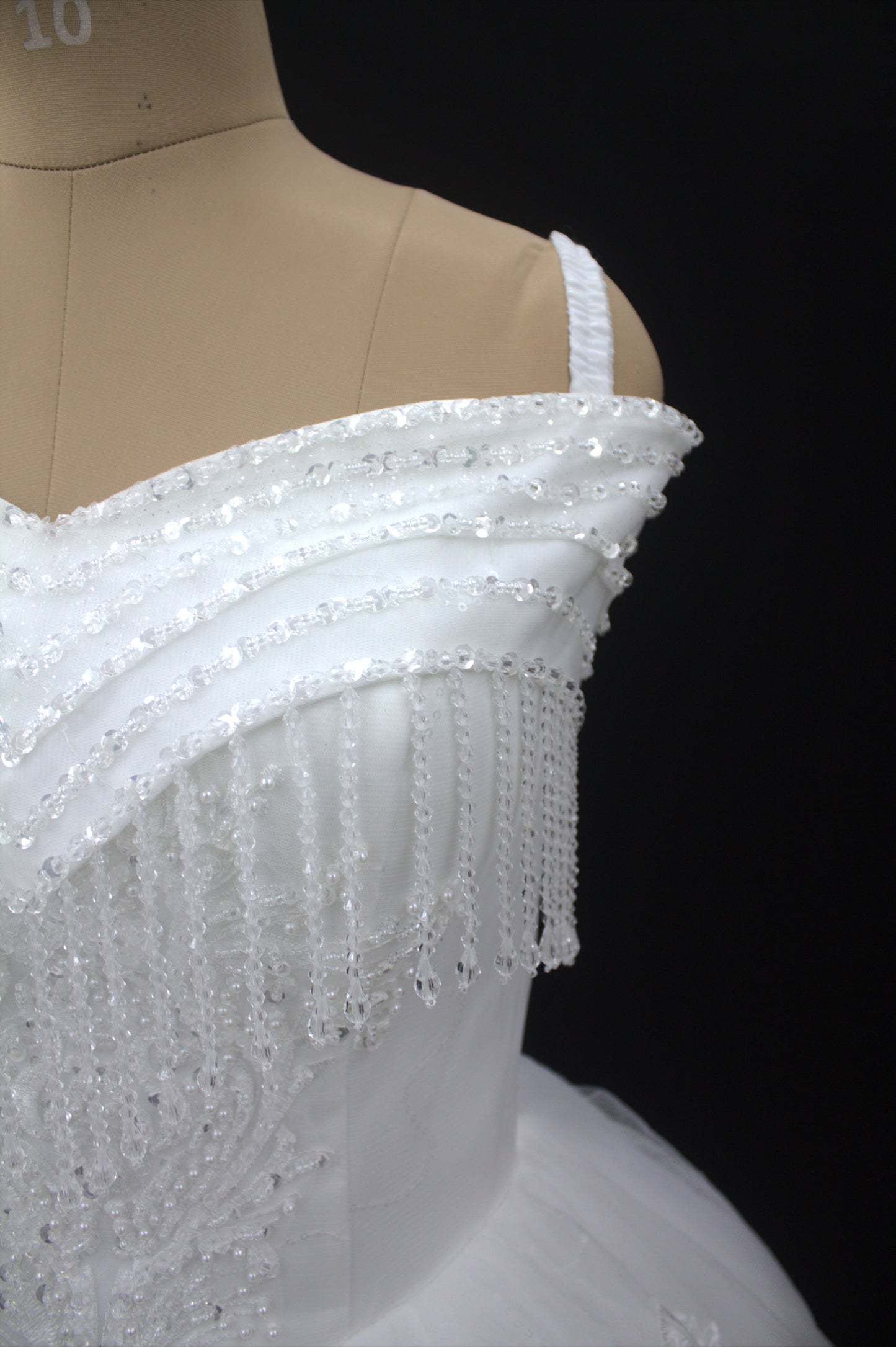 "Celestial Elegance Off-Shoulder Ball Gown with Beaded Fringe White Gown" Product code-2089