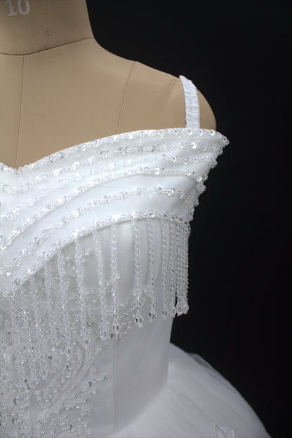 "Celestial Elegance Off-Shoulder Ball Gown with Beaded Fringe White Gown" Product code-2089
