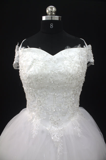 "Enchanted Blossom Off-Shoulder Ball Gown with Lace Appliqué-White Gown" Product code-2021