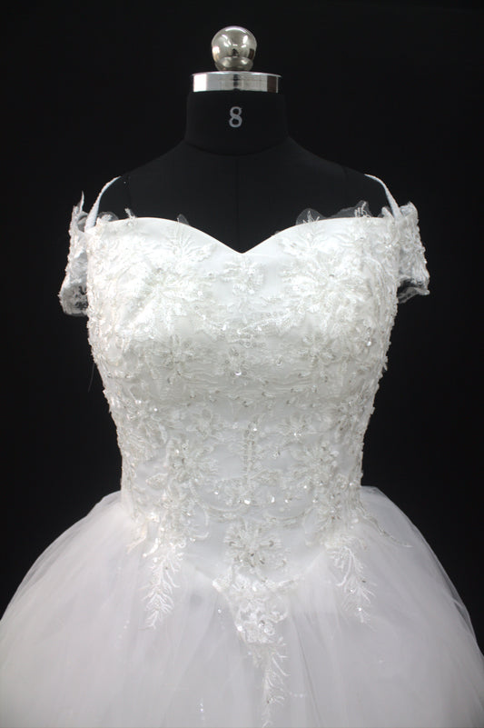 "Enchanted Blossom Off-Shoulder Ball Gown with Lace Appliqué-White Gown" Product code-2021
