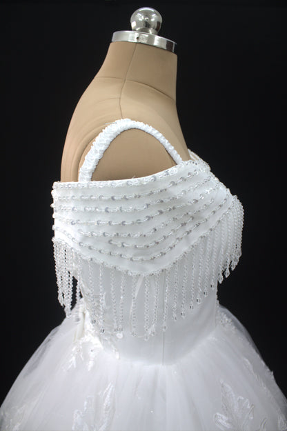 "Celestial Elegance Off-Shoulder Ball Gown with Beaded Fringe White Gown" Product code-2089