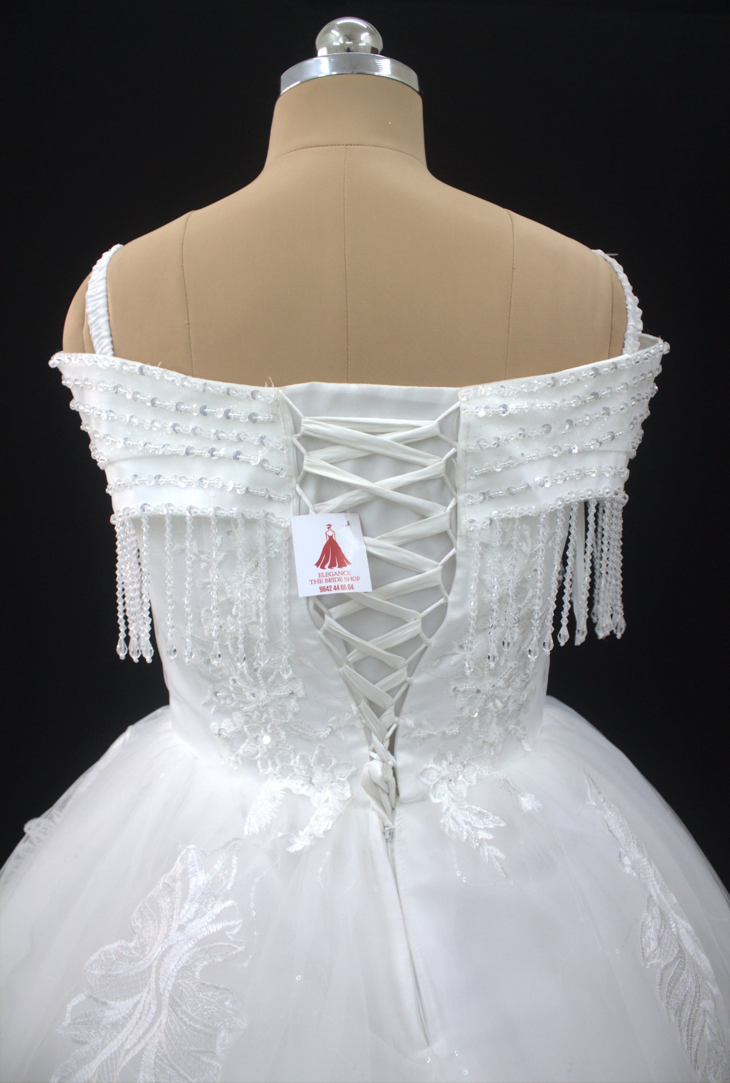"Celestial Elegance Off-Shoulder Ball Gown with Beaded Fringe White Gown" Product code-2089