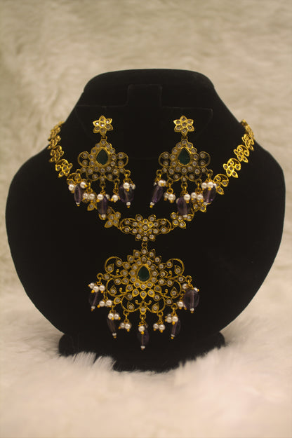 "Gold-Plated Kundan Necklace & Earring Set with Pearl and Bead Danglers" Product code-6030