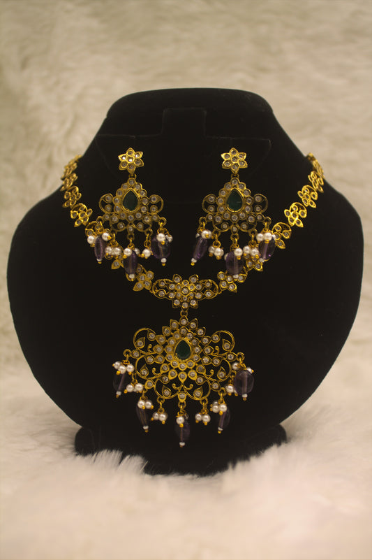 "Gold-Plated Kundan Necklace & Earring Set with Pearl and Bead Danglers" Product code-6030