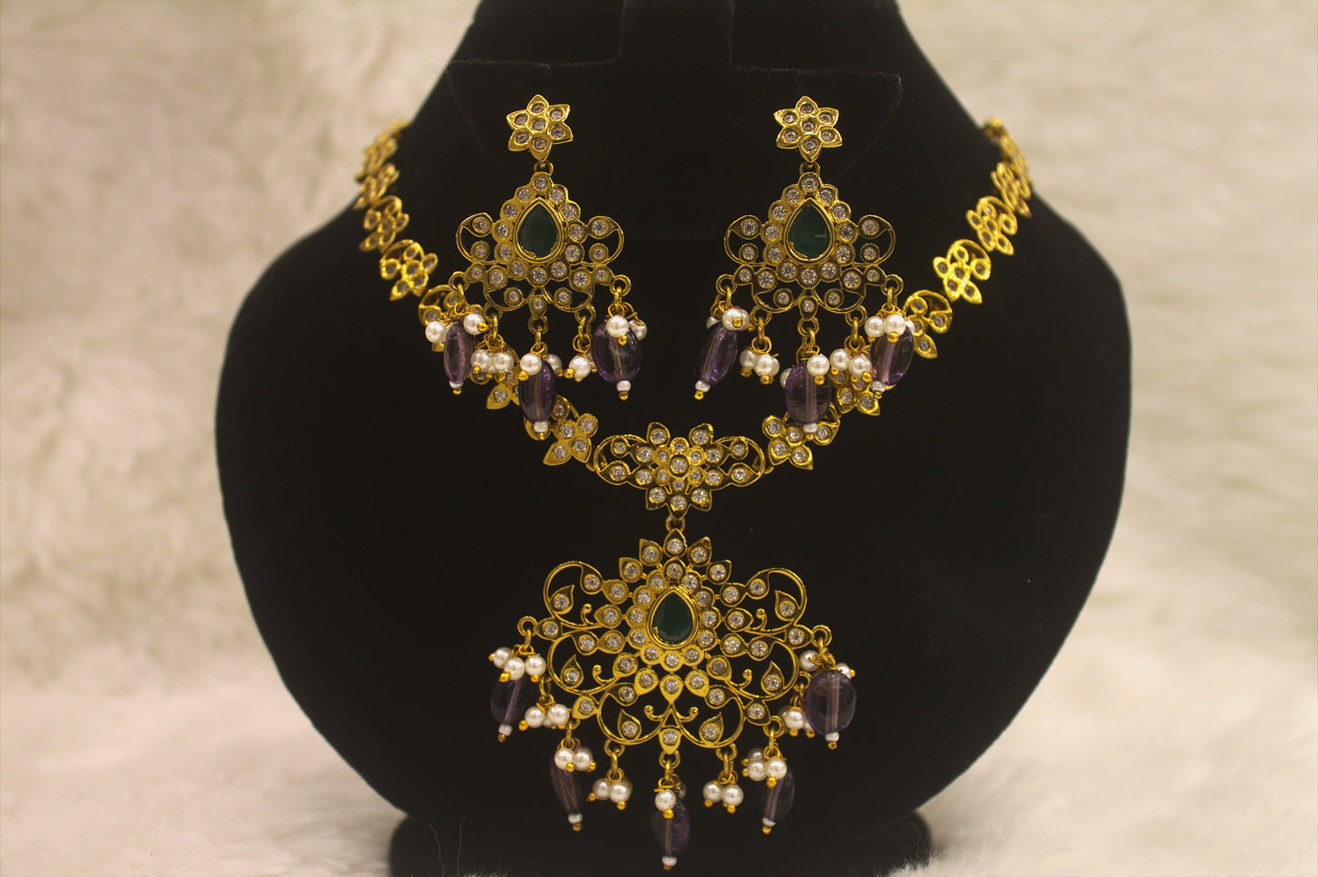 "Gold-Plated Kundan Necklace & Earring Set with Pearl and Bead Danglers" Product code-6030