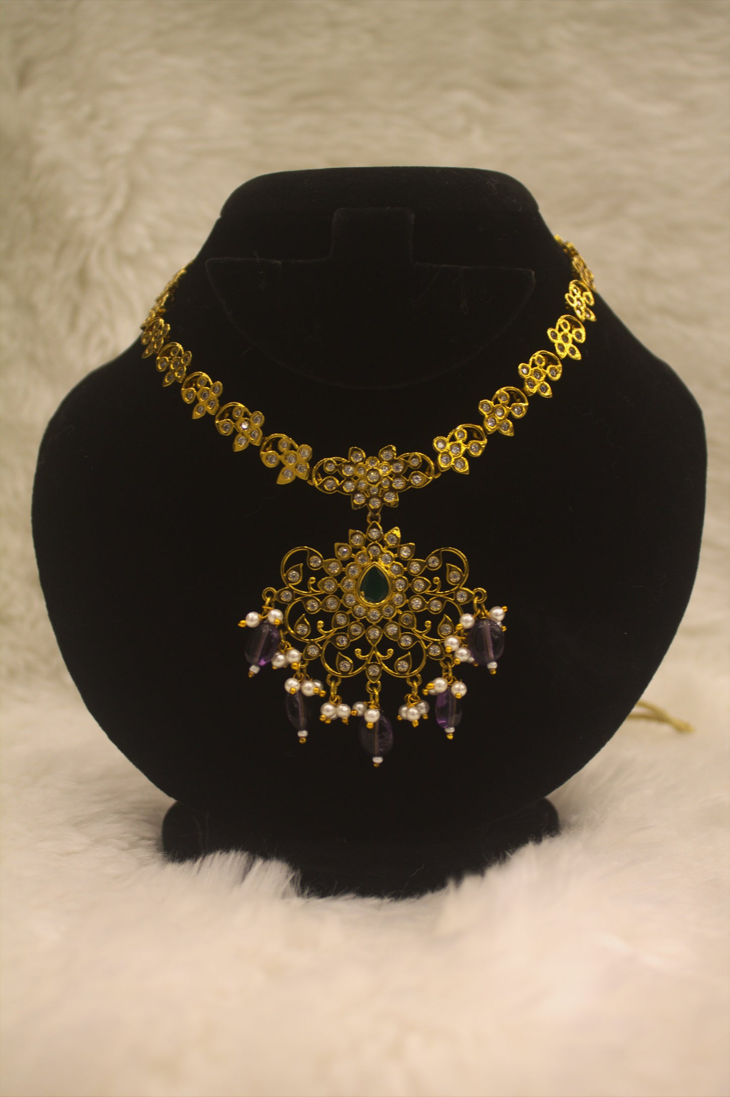 "Gold-Plated Kundan Necklace & Earring Set with Pearl and Bead Danglers" Product code-6030