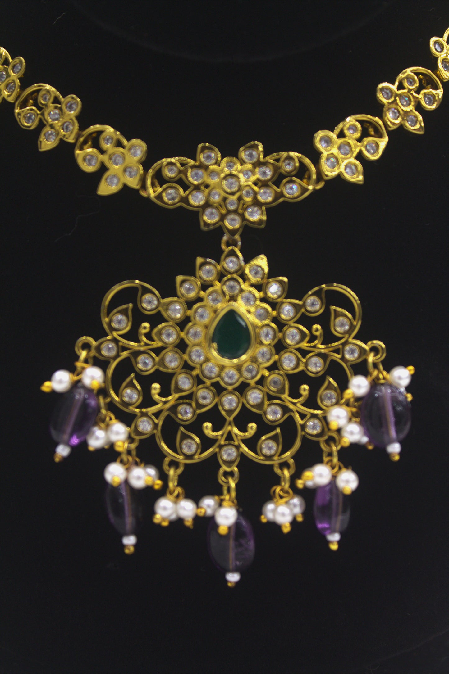 "Gold-Plated Kundan Necklace & Earring Set with Pearl and Bead Danglers" Product code-6030