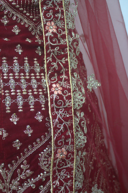 "Exquisite Maroon Bridal Lehenga Choli with Intricate Gold Embroidery – Traditional Indian Wedding Wear with Elegant Net Dupatta" Product code-1328