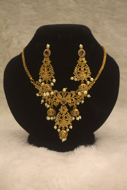 "Regal Temple Gold Necklace & Earring Set with Pearls" Product code-6017