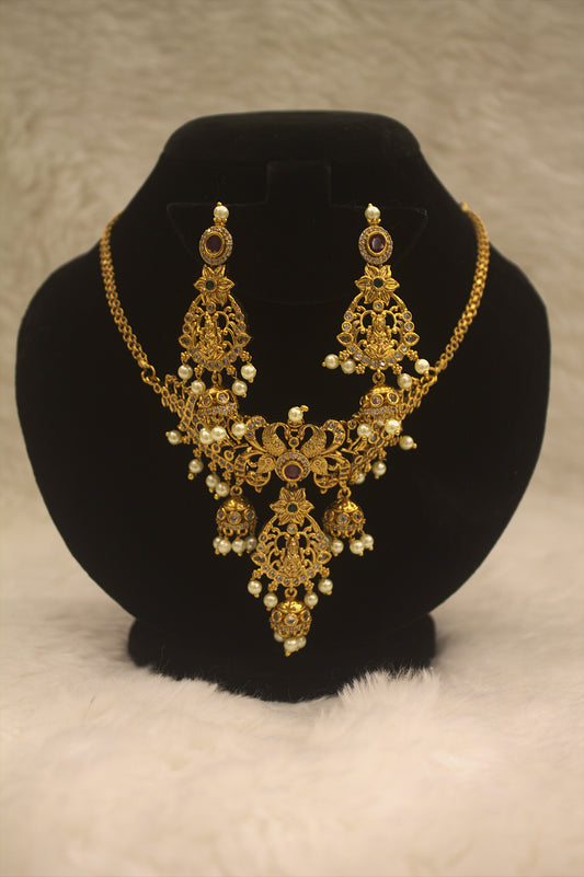 "Regal Temple Gold Necklace & Earring Set with Pearls" Product code-6017
