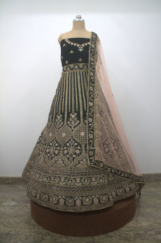 “Emerald Green Velvet Bridal Lehenga with Zardozi & Sequin Hand Embroidery” Product code-1082