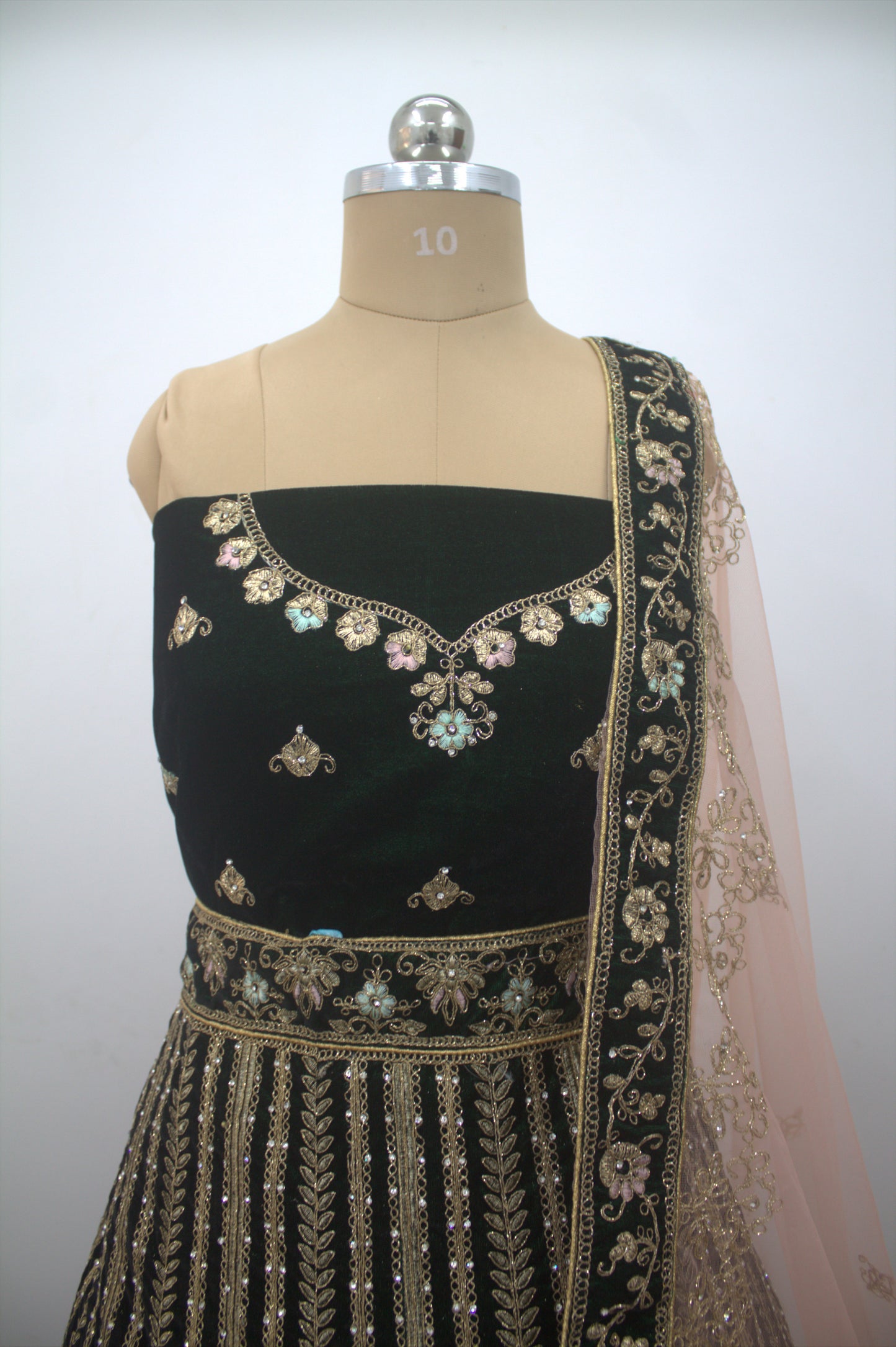 “Emerald Green Velvet Bridal Lehenga with Zardozi & Sequin Hand Embroidery” Product code-1082