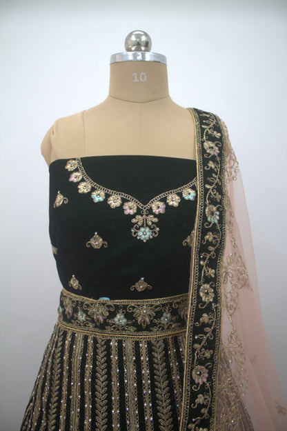 “Emerald Green Velvet Bridal Lehenga with Zardozi & Sequin Hand Embroidery” Product code-1082
