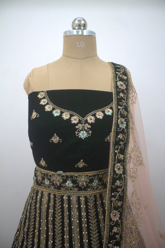 “Emerald Green Velvet Bridal Lehenga with Zardozi & Sequin Hand Embroidery” Product code-1082
