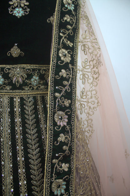 “Emerald Green Velvet Bridal Lehenga with Zardozi & Sequin Hand Embroidery” Product code-1082
