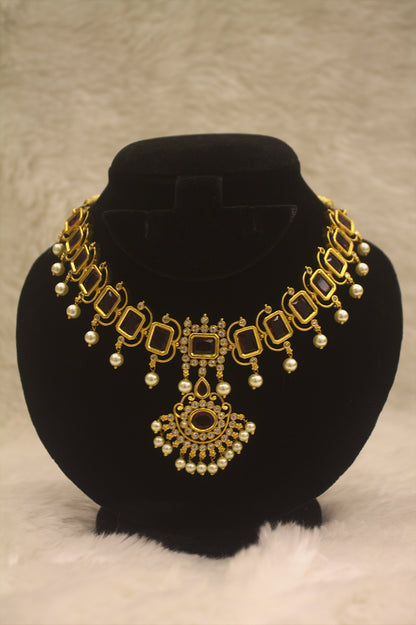 “Majestic Pearl & Ruby Antique Gold Necklace Set” Product code-6022