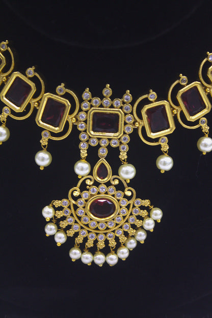 “Majestic Pearl & Ruby Antique Gold Necklace Set” Product code-6022