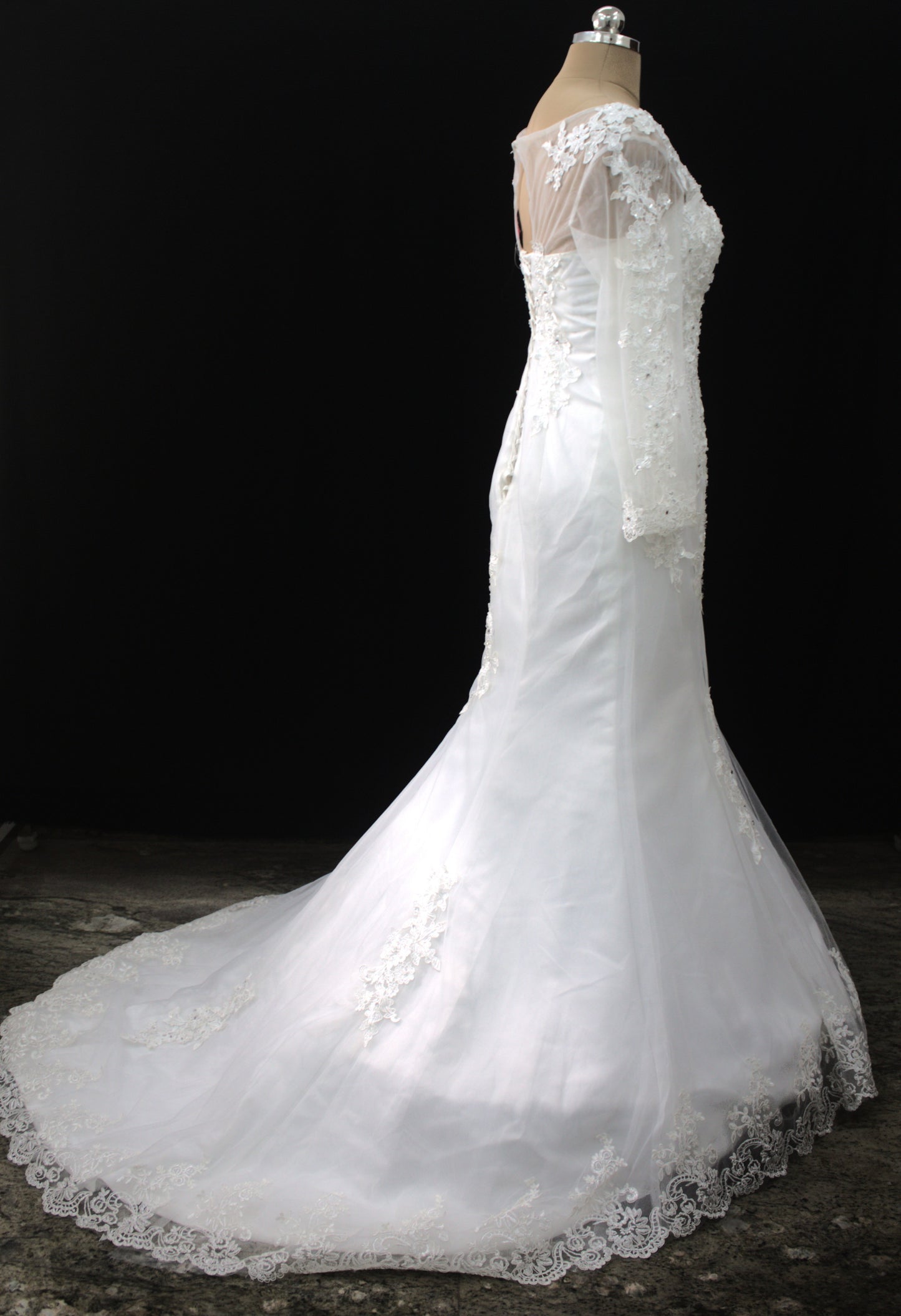 "Luxury Lace Wedding Dress – Full-Length Train, Sheer Detailing & Classic Silhouette-White Gown" Product code-2017