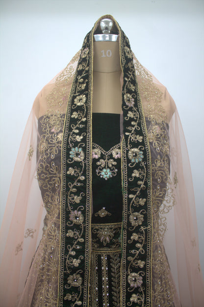 “Emerald Green Velvet Bridal Lehenga with Zardozi & Sequin Hand Embroidery” Product code-1082