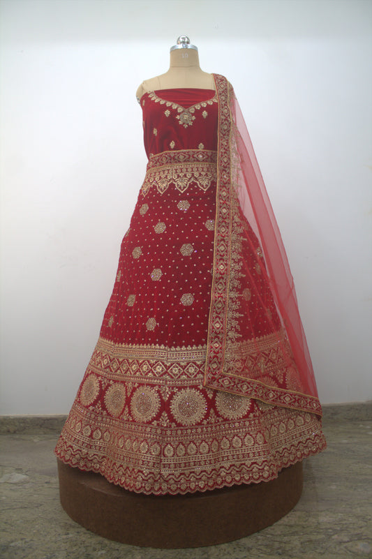 “Crimson Red Velvet Bridal Lehenga with Intricate Zari & Sequin Embroidery” Product code-1226