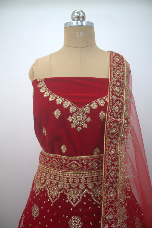 “Crimson Red Velvet Bridal Lehenga with Intricate Zari & Sequin Embroidery” Product code-1226