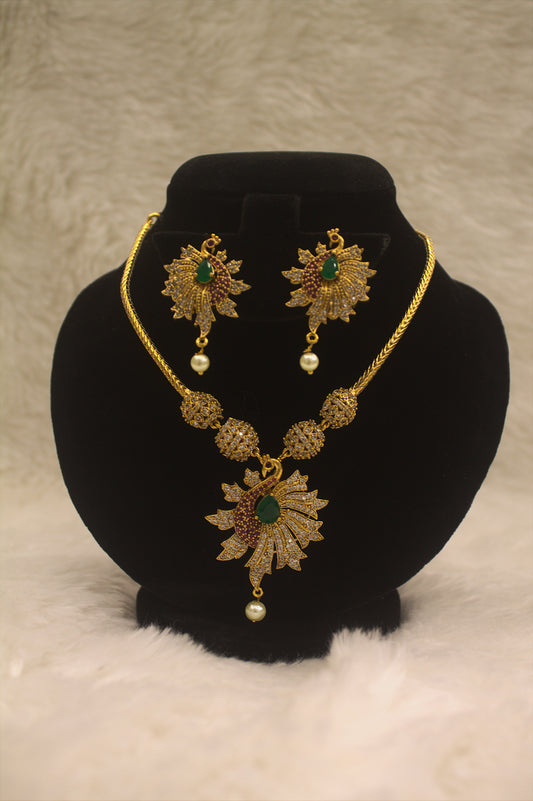 "Regal Peacock Emerald Gold-Plated Necklace & Earring Set" Product code-6013