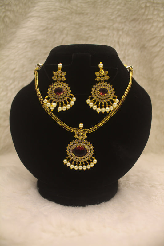 "Antique Gold-Finish Pendant Necklace Set with Pearls & Red Stone Accents" Product code-6342