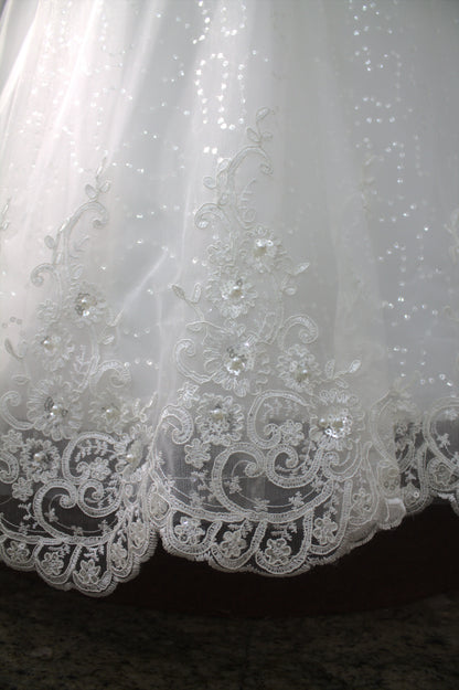 "Romantic Off-Shoulder Lace Bridal Gown with Elegant A-Line Design and Delicate Beading White Gown" Product code-2011
