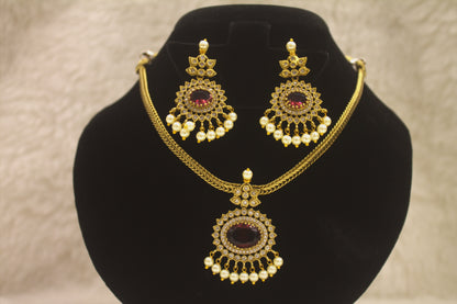 "Antique Gold-Finish Pendant Necklace Set with Pearls & Red Stone Accents" Product code-6342