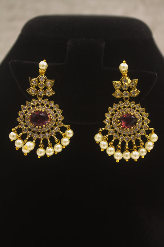 "Antique Gold-Finish Pendant Necklace Set with Pearls & Red Stone Accents" Product code-6342