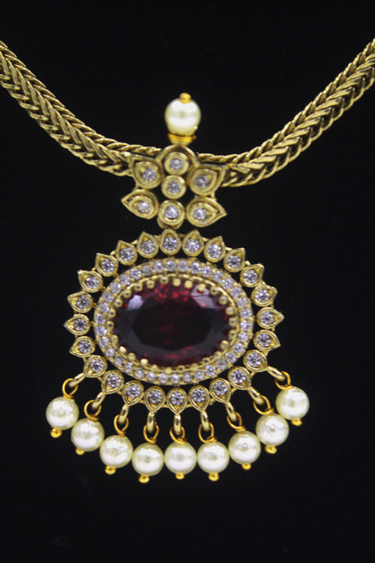 "Antique Gold-Finish Pendant Necklace Set with Pearls & Red Stone Accents" Product code-6342