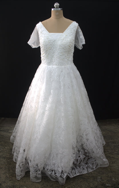"Liora Elegant A-Line Lace Wedding Gown with Floral Embroidery & Sheer Short Sleeves-White Gown" Product code-2013