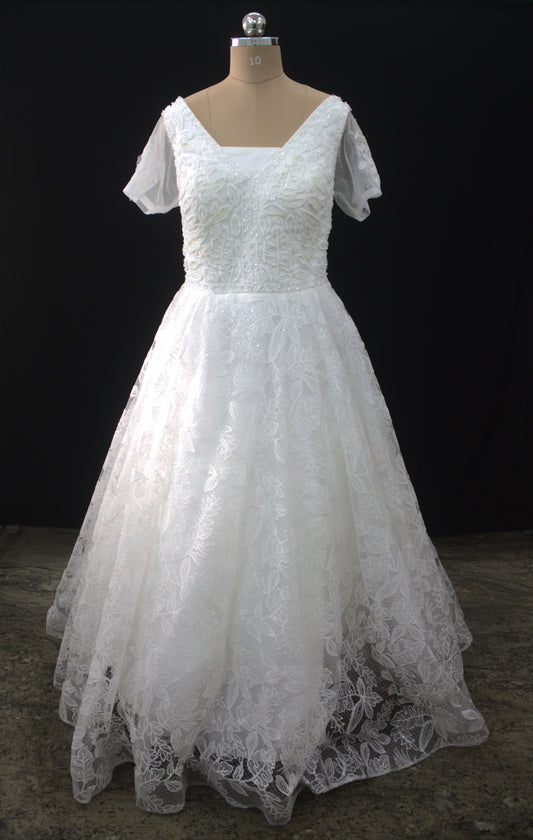 "Liora Elegant A-Line Lace Wedding Gown with Floral Embroidery & Sheer Short Sleeves-White Gown" Product code-2013