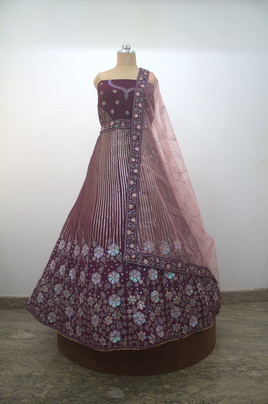 “Plum Velvet Bridal Lehenga with Sequin & Floral Embroidery Work” Product code-1260
