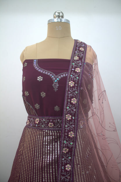 “Plum Velvet Bridal Lehenga with Sequin & Floral Embroidery Work” Product code-1260