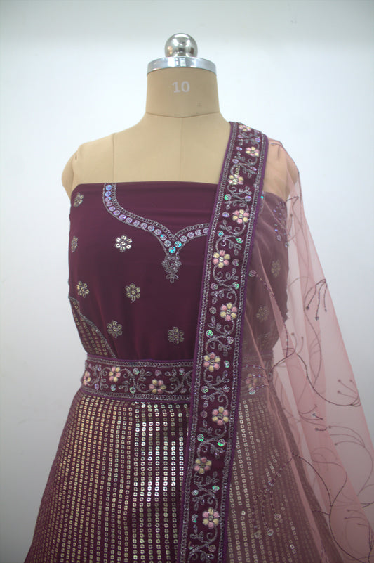 “Plum Velvet Bridal Lehenga with Sequin & Floral Embroidery Work” Product code-1260