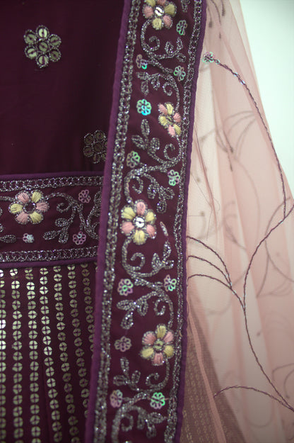 “Plum Velvet Bridal Lehenga with Sequin & Floral Embroidery Work” Product code-1260