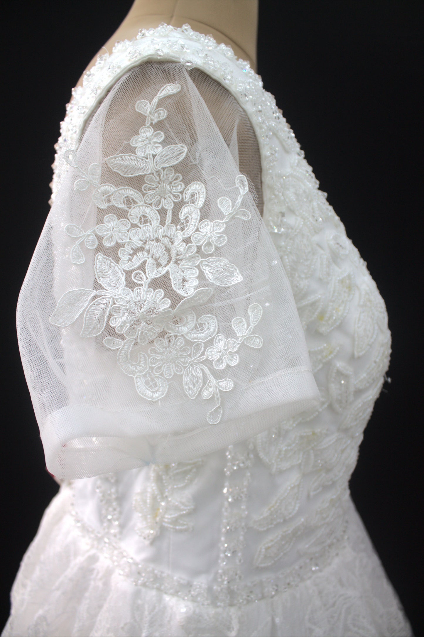 "Liora Elegant A-Line Lace Wedding Gown with Floral Embroidery & Sheer Short Sleeves-White Gown" Product code-2013