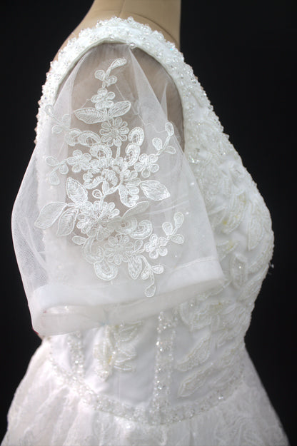 "Liora Elegant A-Line Lace Wedding Gown with Floral Embroidery & Sheer Short Sleeves-White Gown" Product code-2013